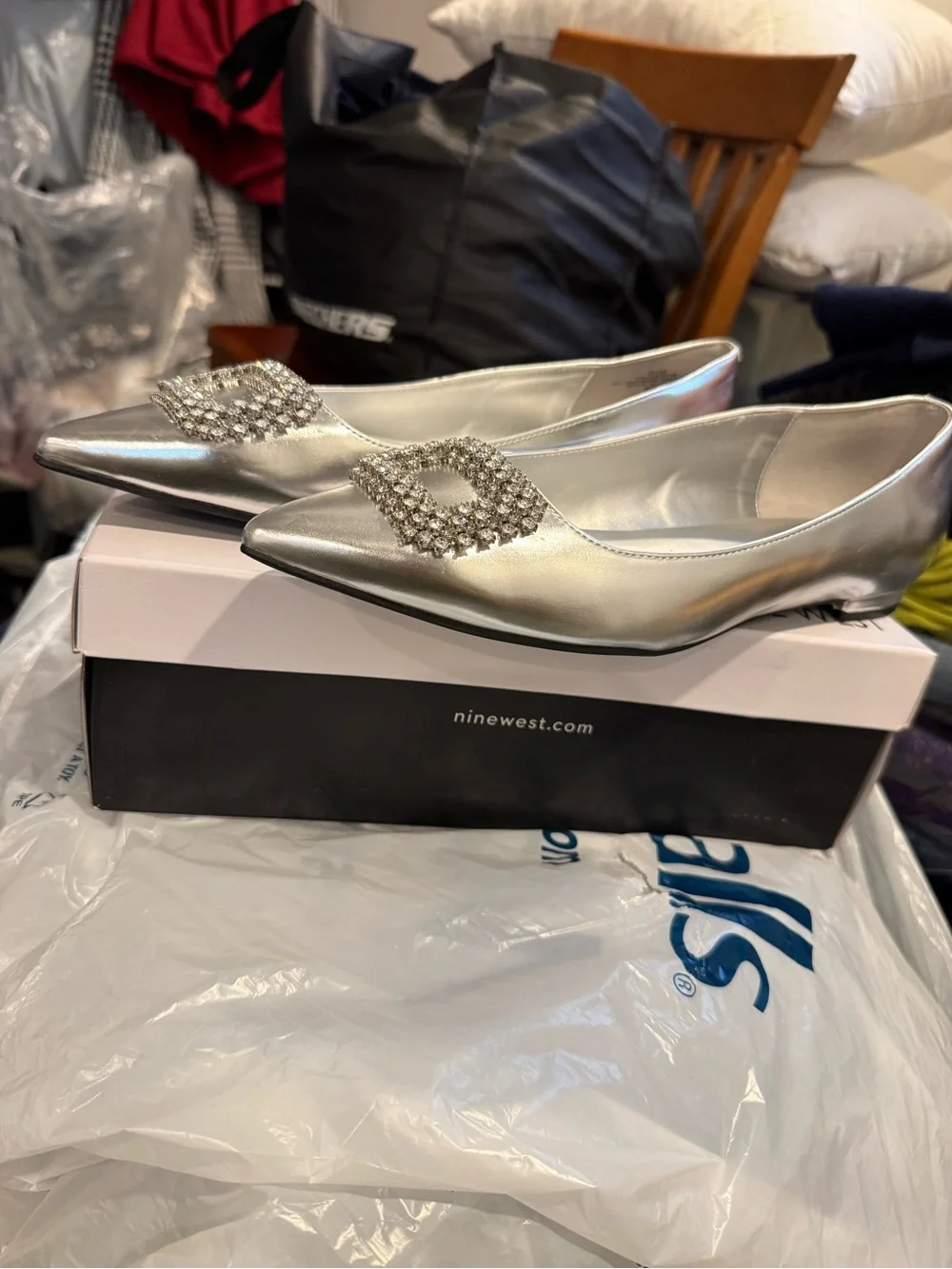 New Nine West Silver Pointed Toe Flats with Rhinestone Buckle